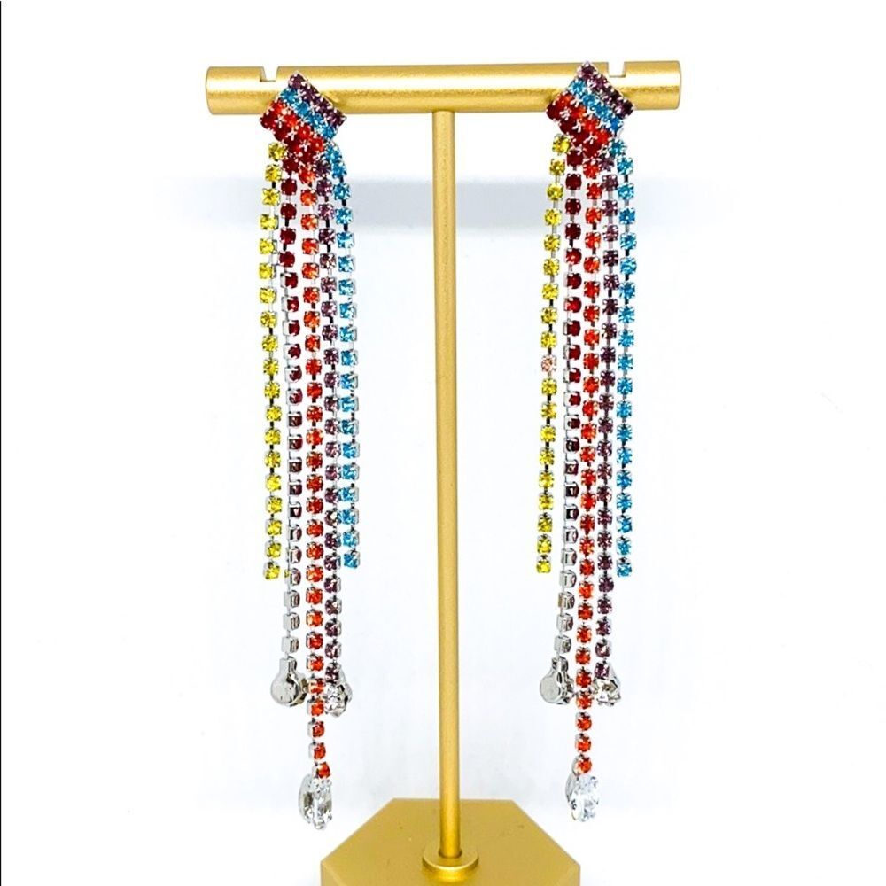 Holiday Rainbow Rhinestone Silver Tassel Earring
